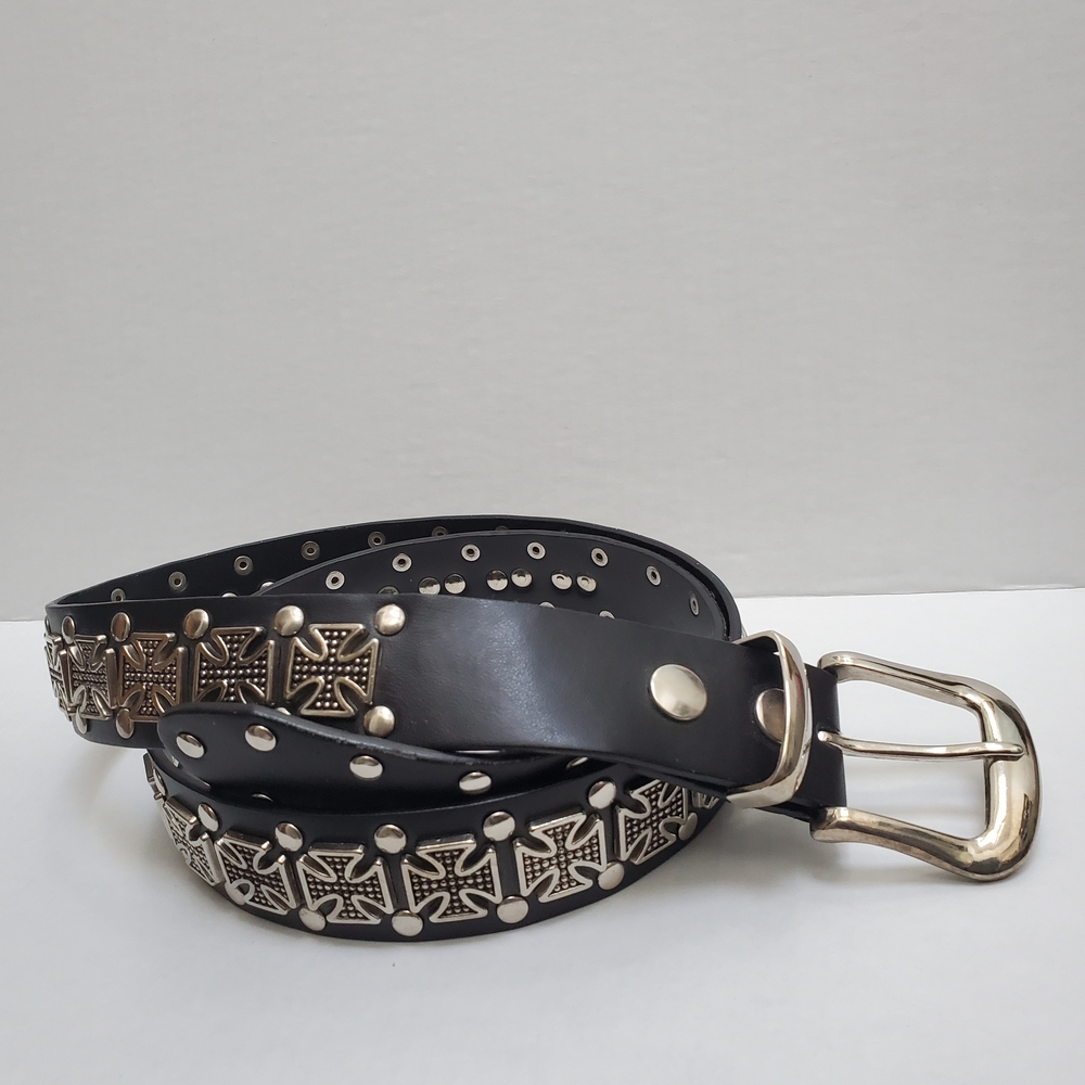 Maltese Cross Heavy Duty Black Studded Belt with Silver Buckle